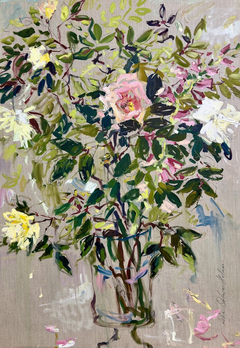Impressionistic Botanical Oil Painting By Lilia Orlova-Holmes, 35 X 47", Roses From My Garden, Original Artwork