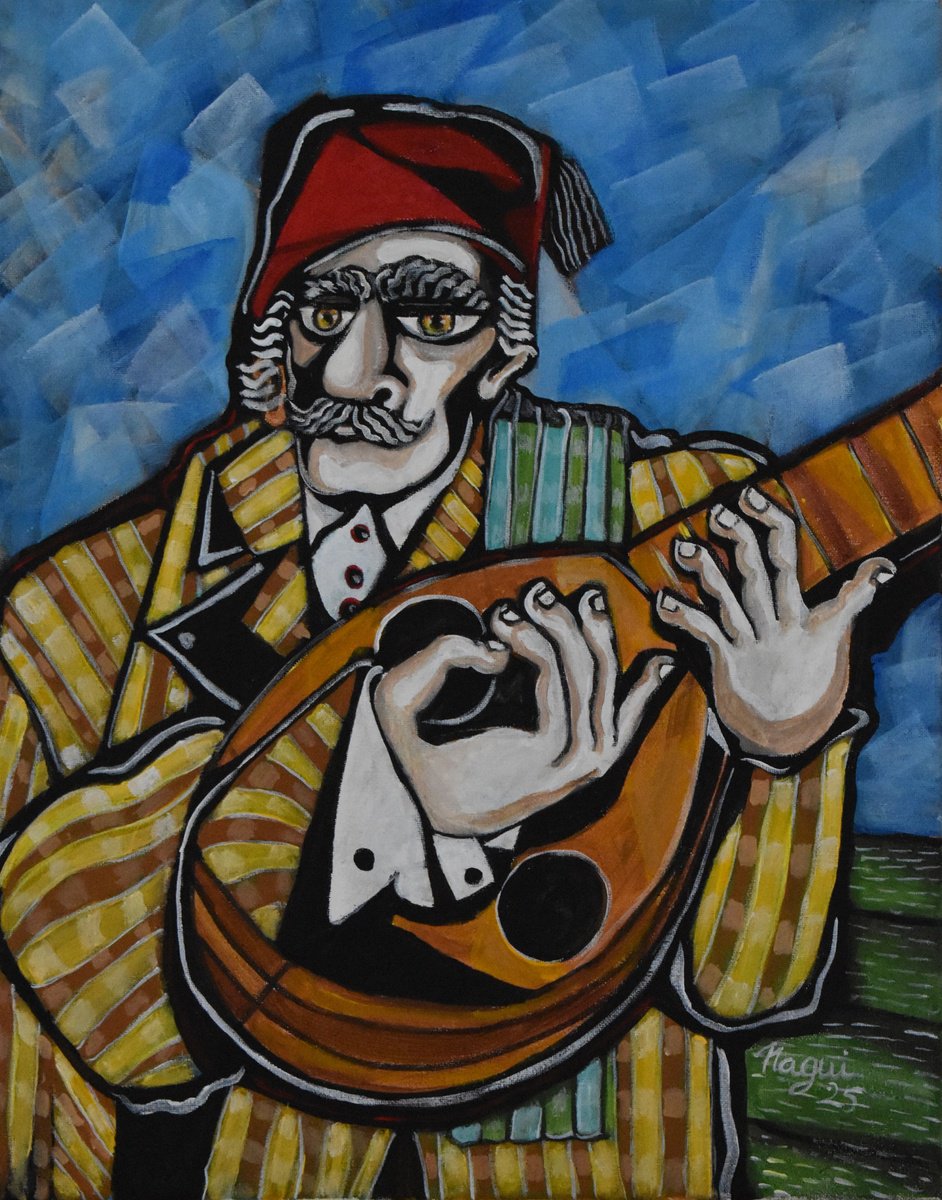 Expressive Portrait Acrylic Painting By Nagui, 16 X 20", The Turkish Lute, Original Artwork