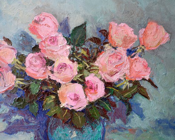 Pink Roses with Turquoise Background