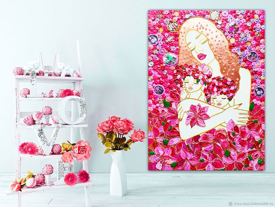 Mother and babies. Hot pink painting with floral woman. Mosaic love gift