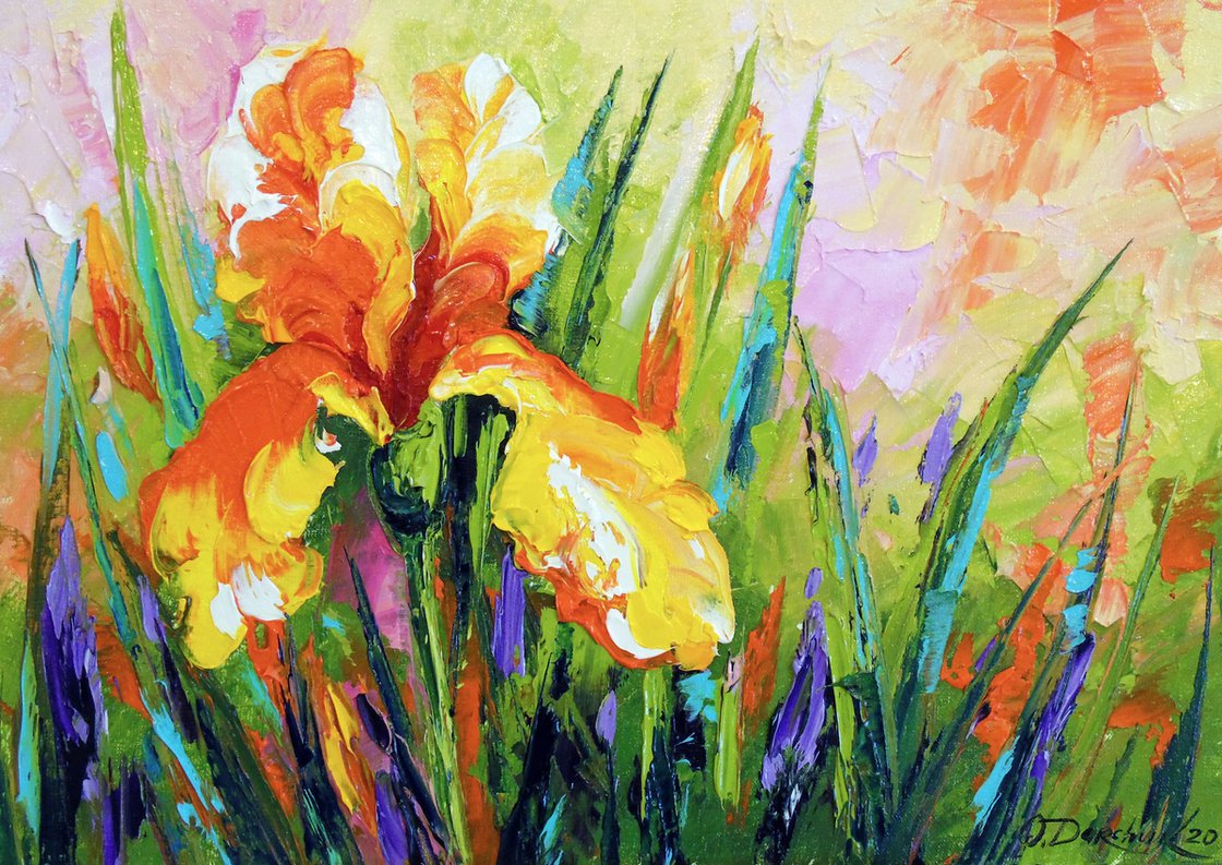 Golden Iris/Acrylic Painting/Dutch Pour/Floral deals inspired/Gold/Orange