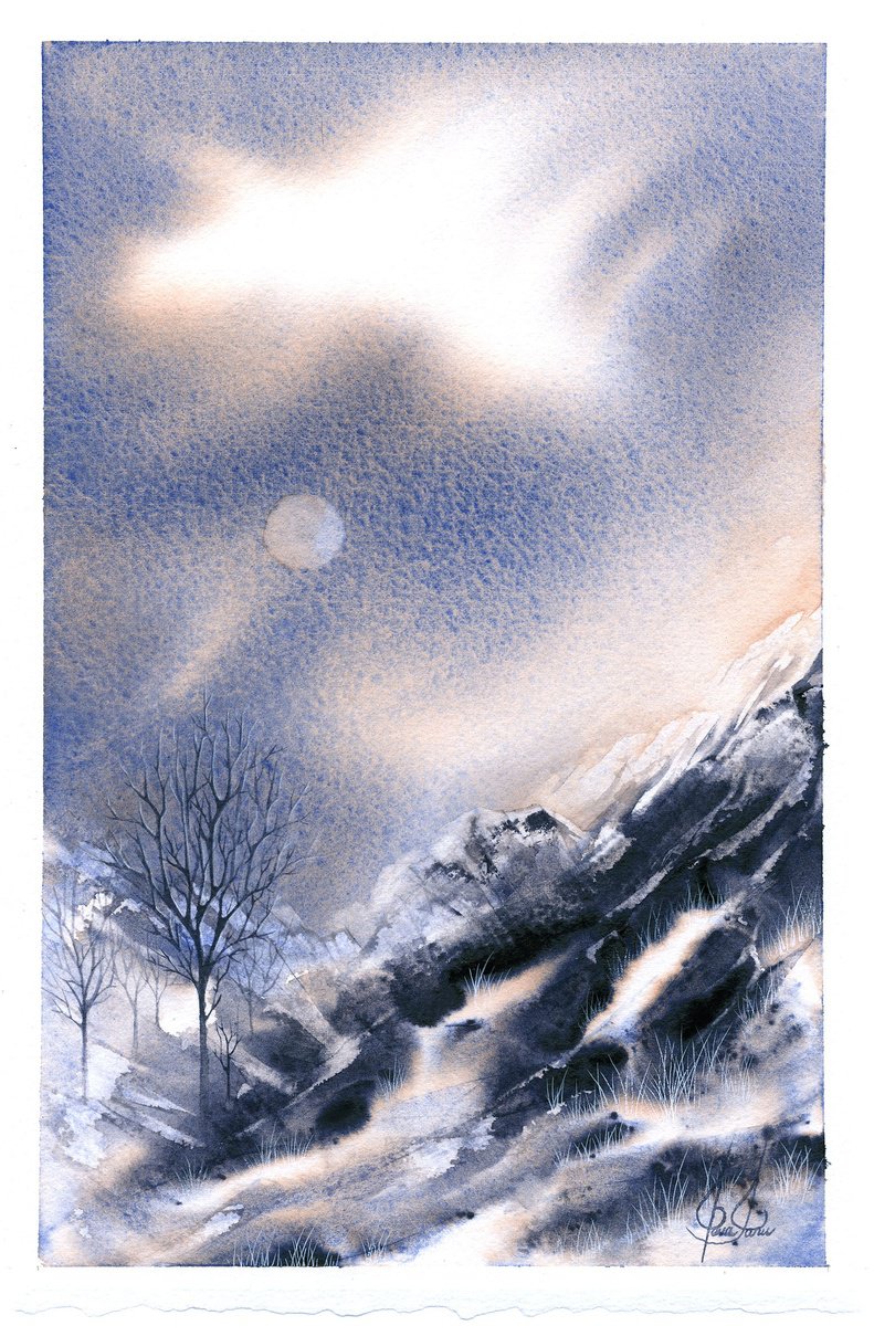 Impressionistic Landscape Watercolour By Ieva Janu, 7 X 11, Mountains Viii, Original Artwork