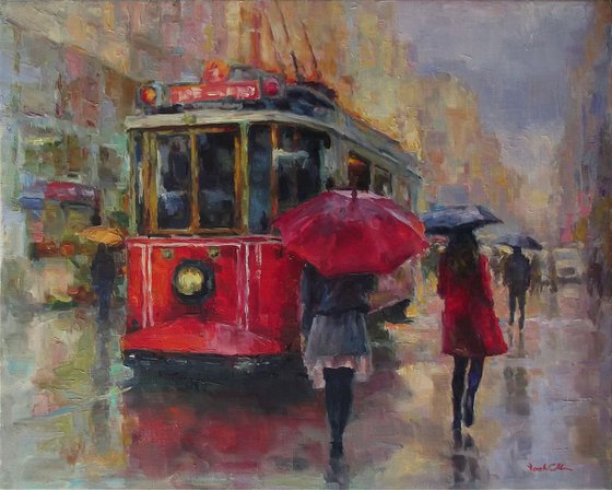 Street, red tram