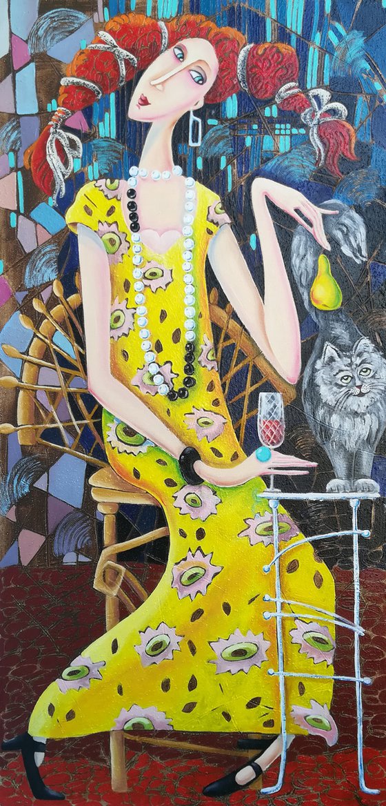 Girl, cat and pear (40x80cm, oil painting, modern art, ready to hang)