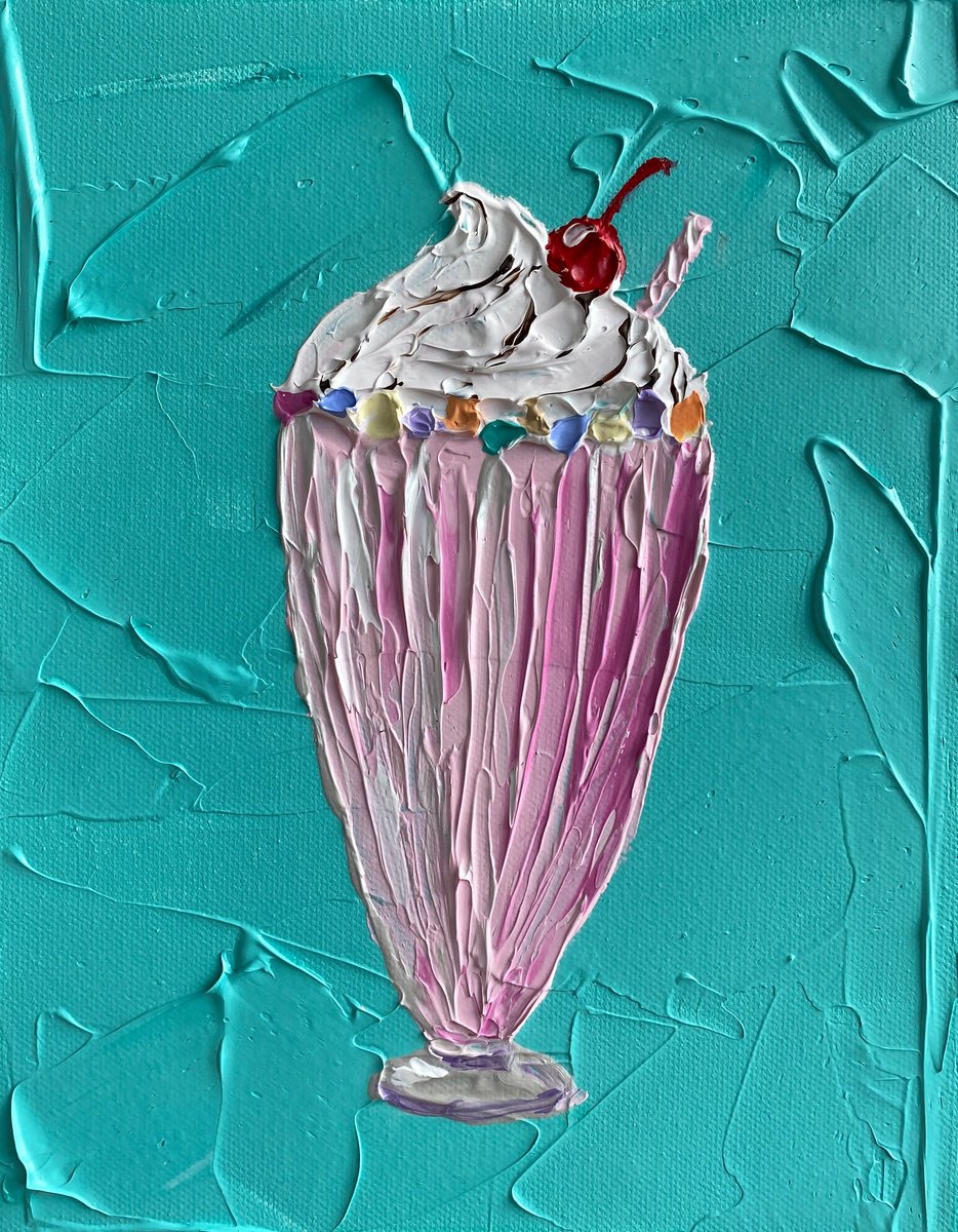Impressionistic Still Life Acrylic Painting By Guzaliya Xavier, 8 X 10, Strawberry Milkshake On Teal, Original Artwork