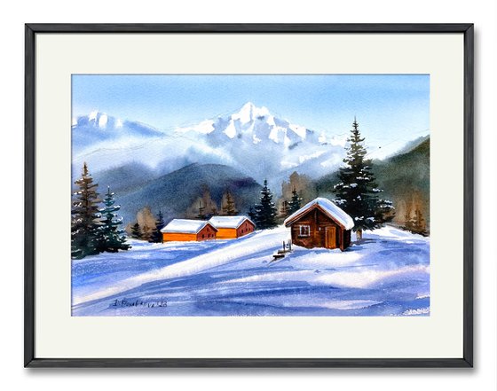 Alpine Radiance oroginal watercolor artwork, snow painting witt mountains and chaletб gift idea