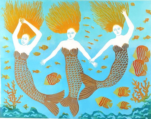 Mermaids with Angel Fish by Drusilla  Cole