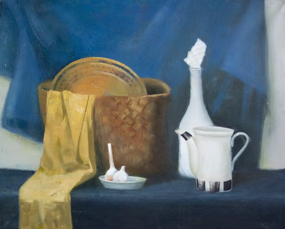 Oil original painting on canvas.Blue tone painting,yellow basket, white bottle, garlic, teapot,still life.Oil painting,art fo kitchen
