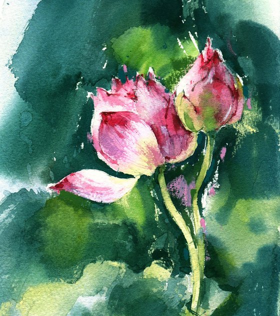 Pink lotuses on emerald