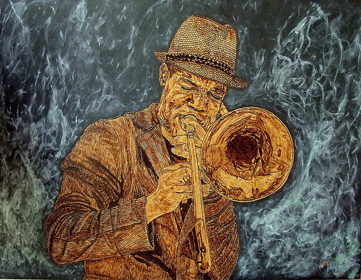 Expressive Portrait Painting By Milis Pyrography, 31 X 24", Round About Midnight, Original Artwork