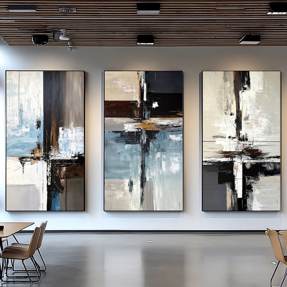 Large Neutral Triptych 240x140 cm Blue Gray