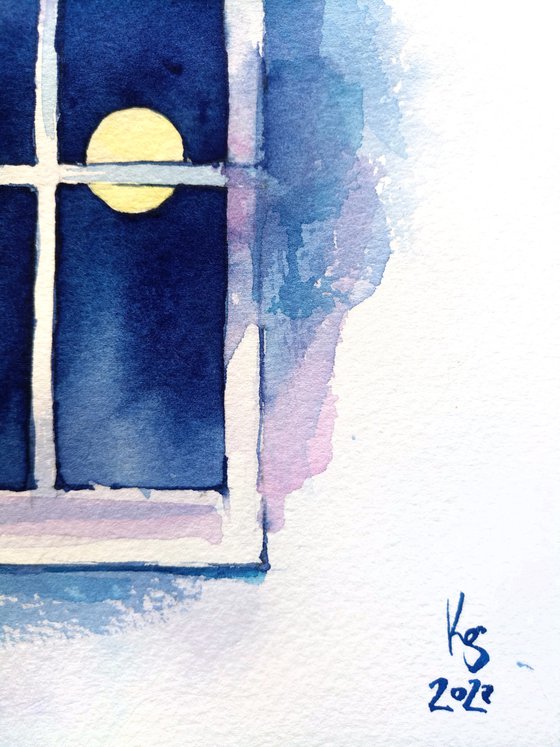 Night landscape "Full moon outside the window" original watercolor painting postcard