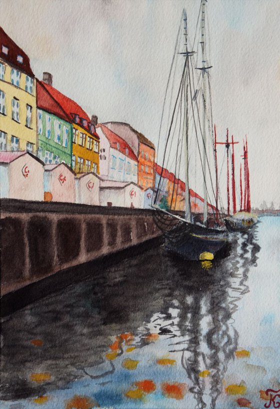 Denmark watercolor painting Harbour Nyhavn with ships in rainy Copenhagen