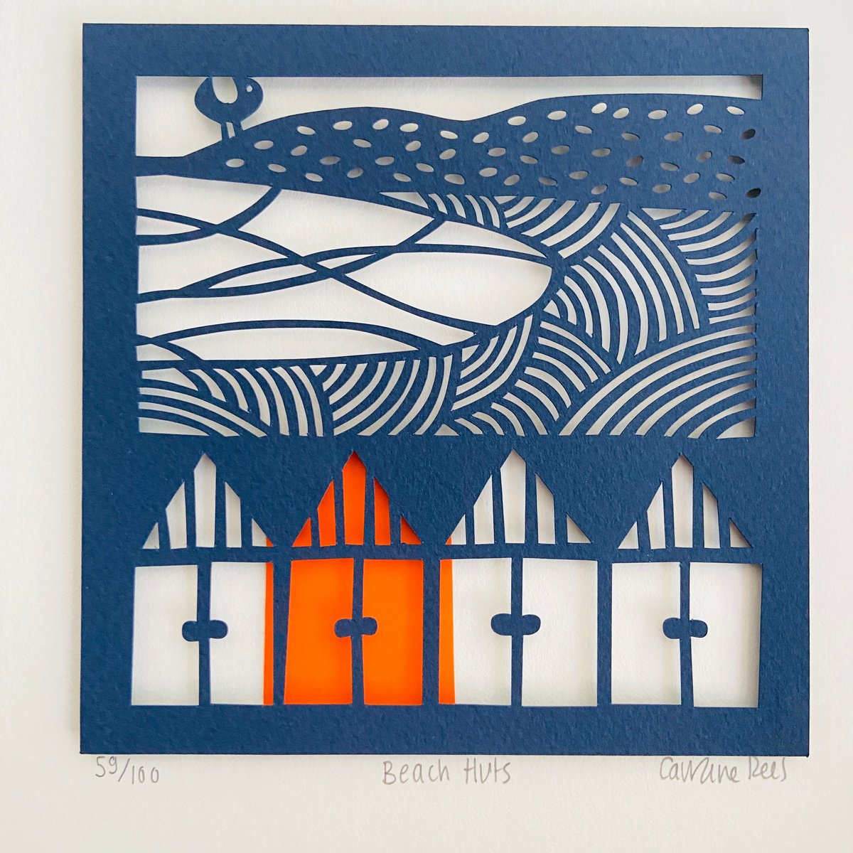 Beach Huts Paper Cut by Caroline  Rees