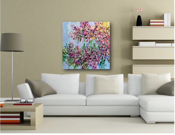 Cherry Blossom - Abstract Floral Painting on Canvas, Heavy Textured Palette Knife Art