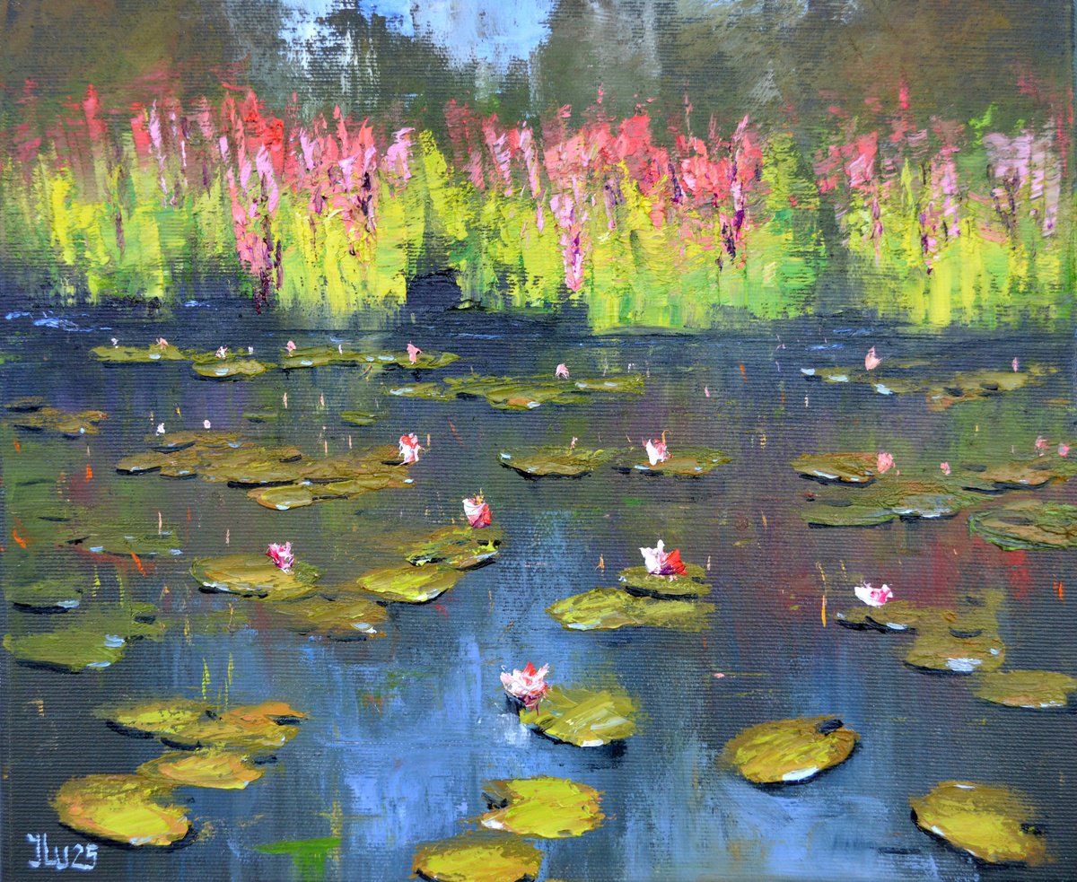 Impressionistic Landscape Oil Painting By Elena Lukina, 14 X 12, Green Pond, Original Artwork