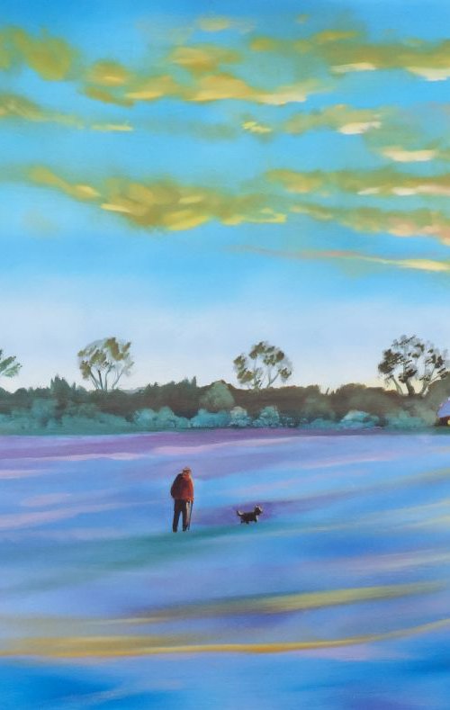 "Winter light" man and his dog sunset painting by Gordon Bruce