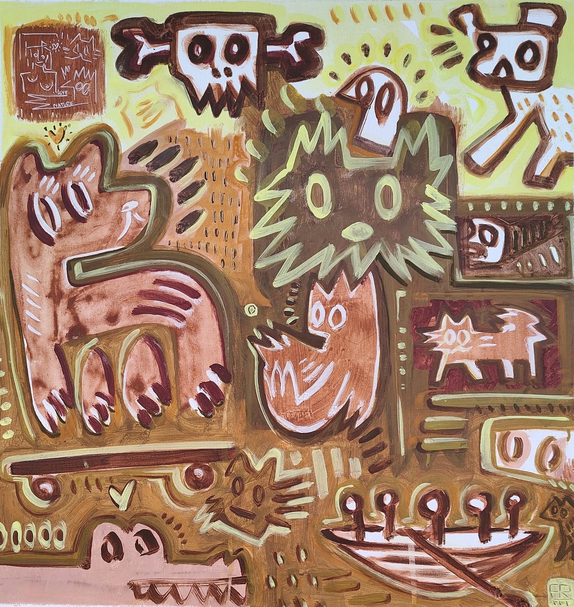 Expressive Animal Acrylic Painting By Angel Rivas, 36 X 38, Tribal Stories, Original Artwork