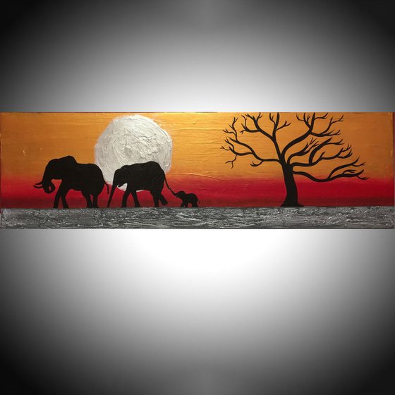 original abstract landscape "elephants on silver sun" tree of life gold metallic silver impasto africa animal africa safari painting art canvas - 30 x 90 cm