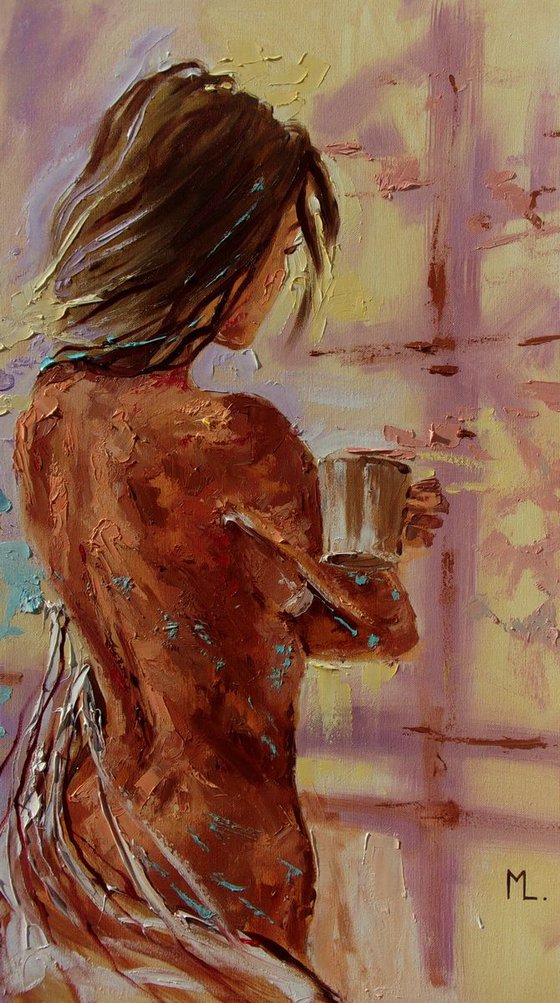 " COFFEE TIME " - 50x70cm original oil painting on canvas, gift, palette kniffe