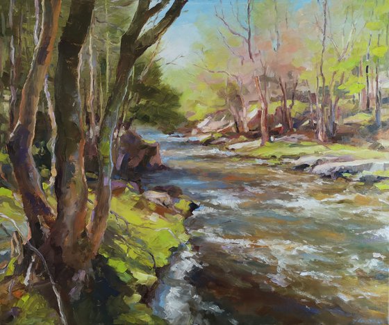 Rushing river, original, one of a kind, oil on canvas impressionistic style painting  (20x24"'') See time-lapse video attached