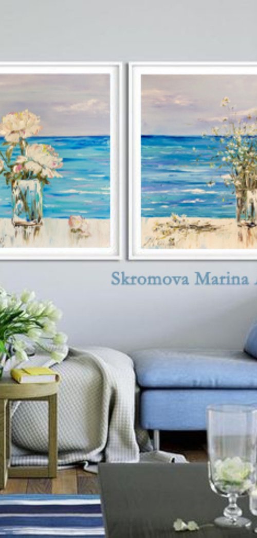 SEA ROMANCE - Marine set. Nice diptych. Ocean. Floral landscape. Sky background. White peonies. Daisies. Horizon. Sky. by Marina Skromova