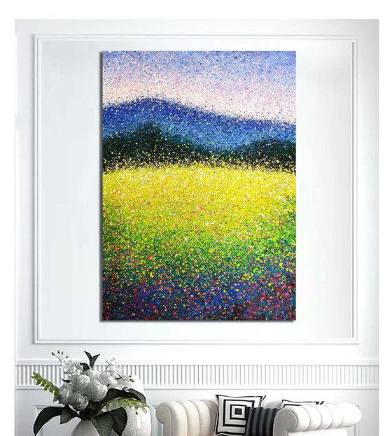 Green Yellow field Sunny meadow painting Original Art Sunny day Large landscape