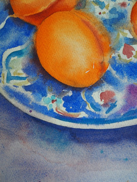 Still life with apricots on a turkish plate - original watercolor turquoise patterns