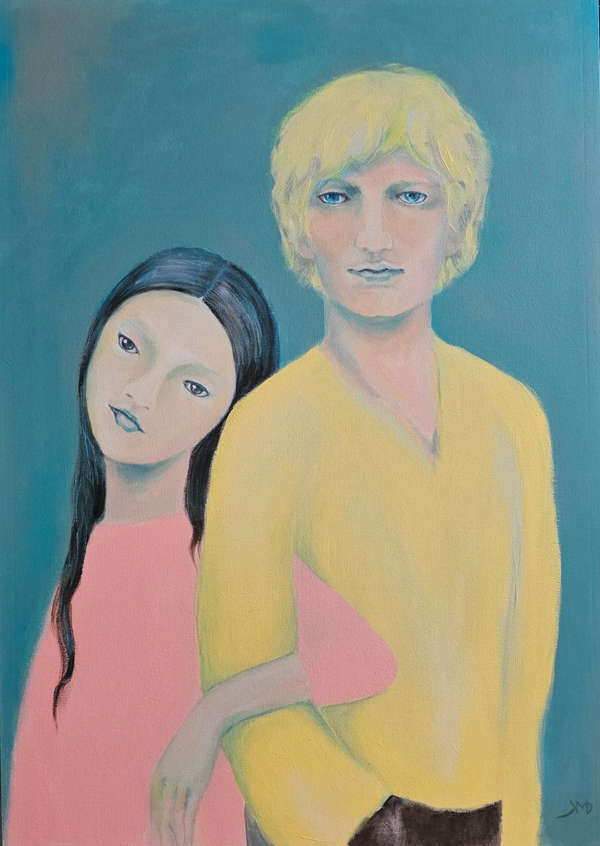 Naive Portrait Acrylic Painting By Ksenia June, 20 X 28", My Trophy, A Couple Portrait, Original Artwork