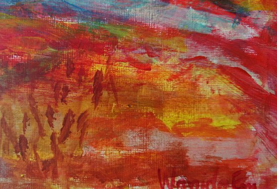 Sunset over the hills, Abstract painting on paper.