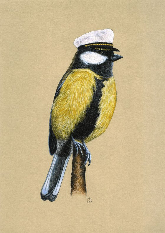 Original pastel drawing bird "Great tit"
