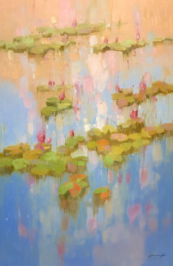 Waterlilies in Fall, Original oil Painting, Large Size, Handmade artwork, One of a Kind