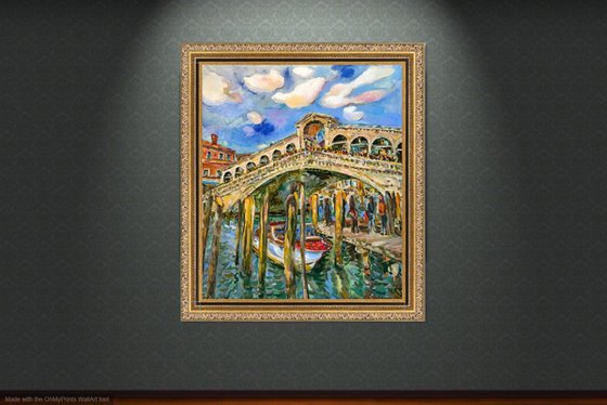 VENICE, RIALTO BRIDGE - Venice cityscape, landscape  - original painting, oil on canvas, architecture, bridge, water, love, vacations , interior home decor