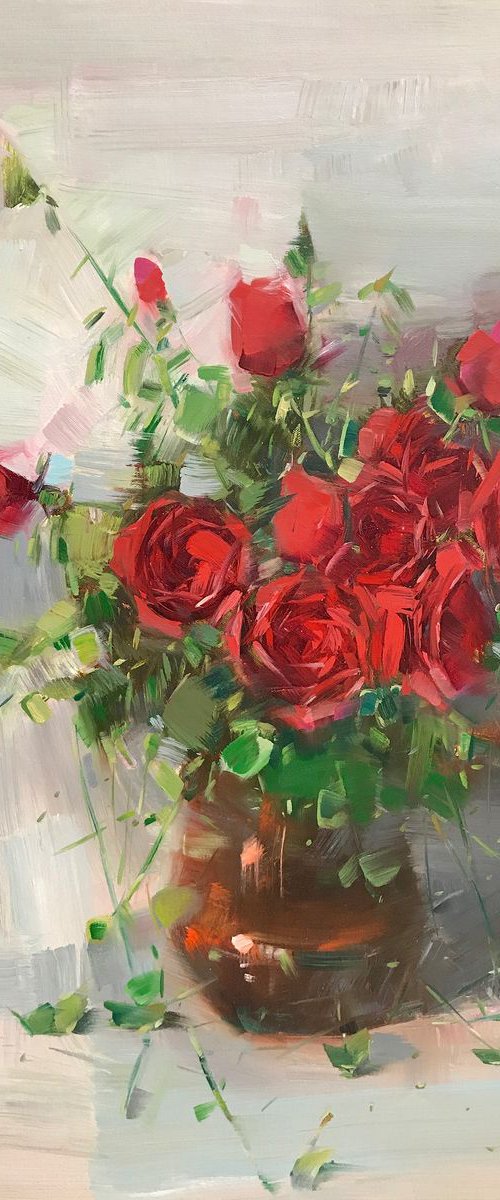 Vase of Roses, Oil painting, One of a kind, Signed, Handmade artwork by Vahe Yeremyan