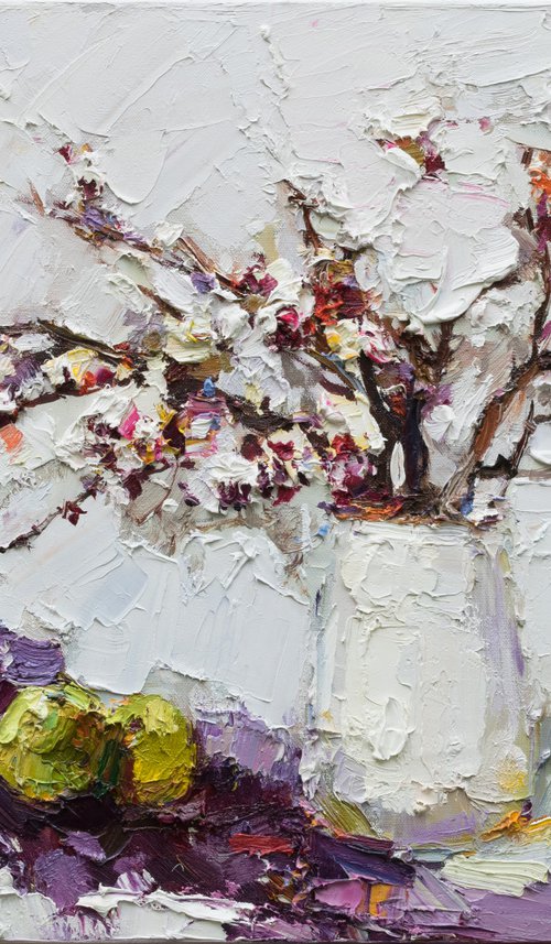 Spring still life with flowering branch Original Oil painting by Anastasiia Valiulina