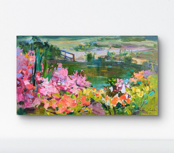 Summer impressions . Azalea and lake