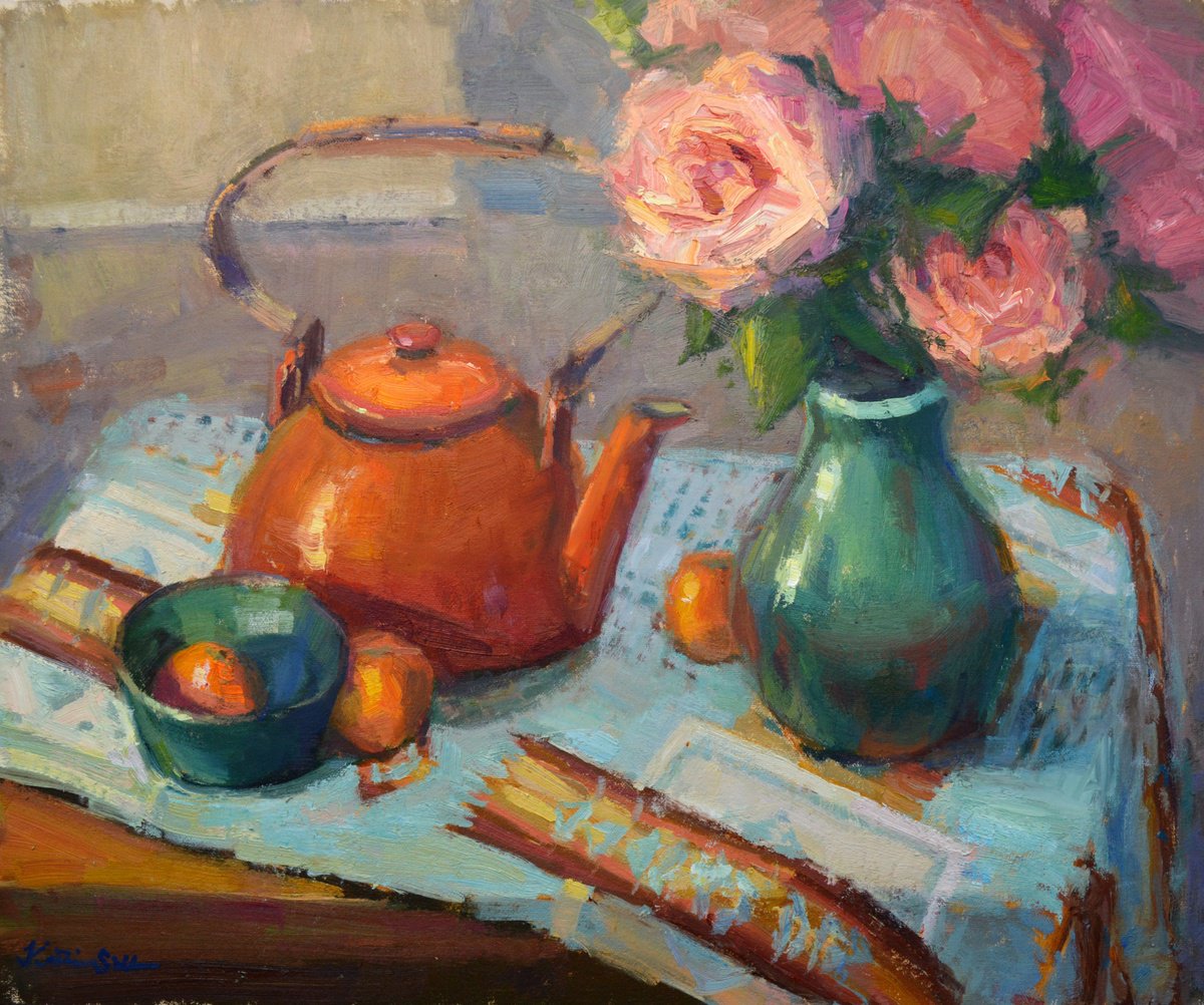 Impressionistic Still Life Oil Painting By Kristina Sellers, 20 X 16", Kettle And Roses, Original Artwork