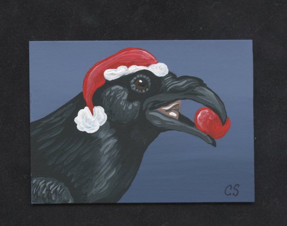 ACEO ATC Original Christmas Painting Black Crow Raven Santa Wildlife Bird Art-Carla Smale