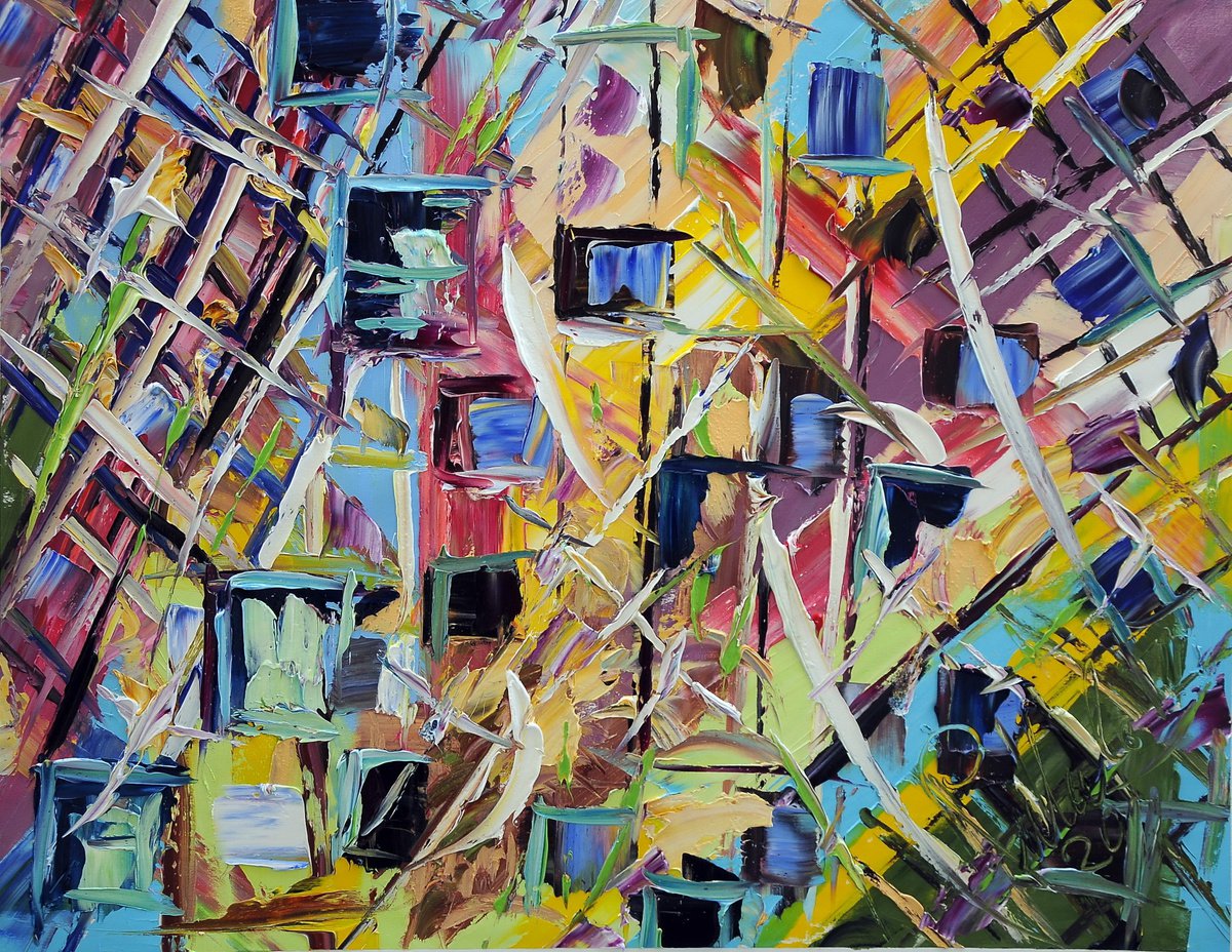 Impressionistic Abstract Oil Painting By Antonino Puliafico, 31 X 28, Reflected Buildings Olio Su Tela 70X80Cm, Artfinder