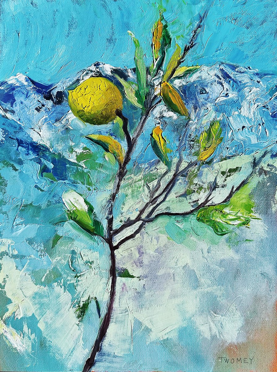 Expressive Botanical Oil Painting By Catherine Twomey, 9 X 12, Snowy Lemon Tree, Original Artwork