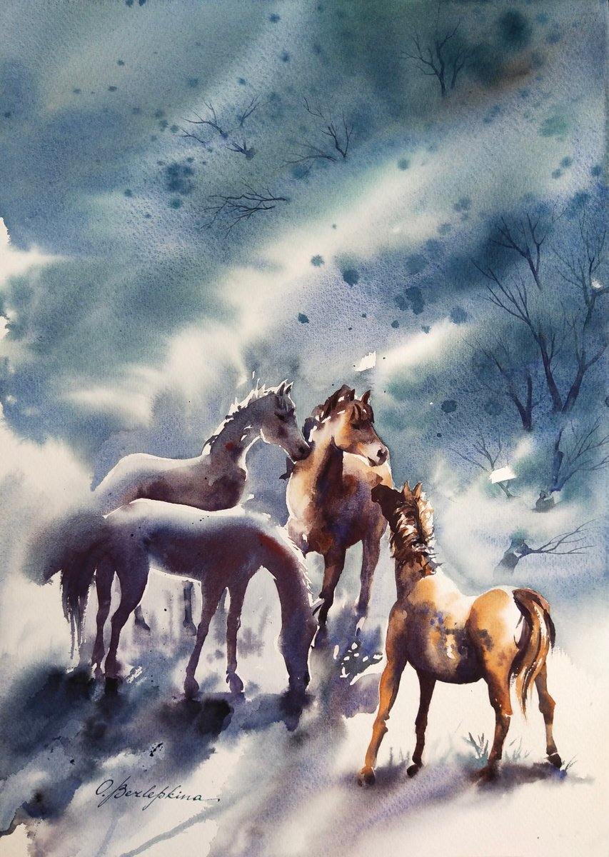 Dagestan. Magical creatures. Horses - horses graze in the wild on a foggy morning by Olga Bezlepkina