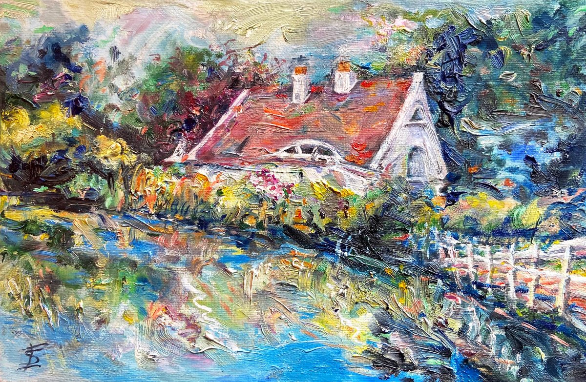 Impressionistic Landscape Oil Painting By Elvira Sesenina, 12 X 8, Lake House Enghien-Les-Bains, Original Artwork