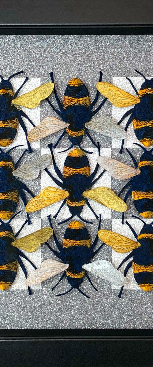 Making a Bee Line (Blue & Mustard on grey & silver glitter) by Amanda Deadman