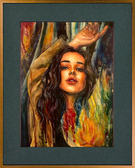 AUBURN FLAME, Original Expressive Portrait of a Young Woman Watercolor Painting