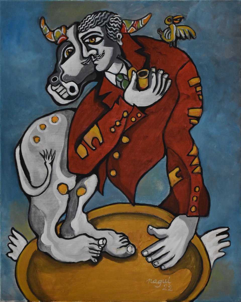 Expressive Portrait Acrylic Painting By Nagui, 16 X 20", The Minotaur