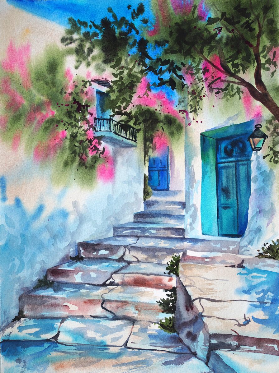 Impressionistic Watercolour , Greek Street By Delnara El, 11 X 15, Artwork For Sale On Artfinder