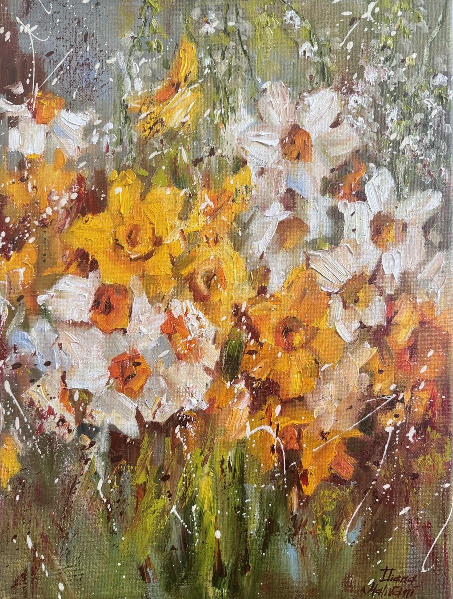Impressionistic Botanical Oil Painting By Diana Malivani, 12 X 16, Les Jonquilles, Original Artwork