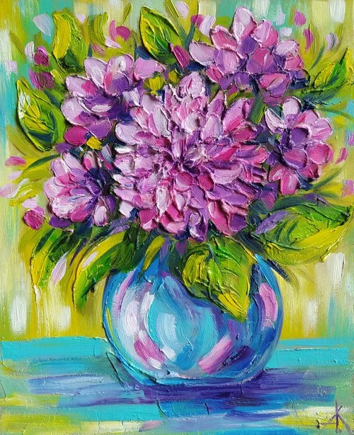 Hydrangeas flowers - oil painting, texture paste, flowers, bouquet of flowers, gift for woman, flowers in vase by Anastasia Kozorez