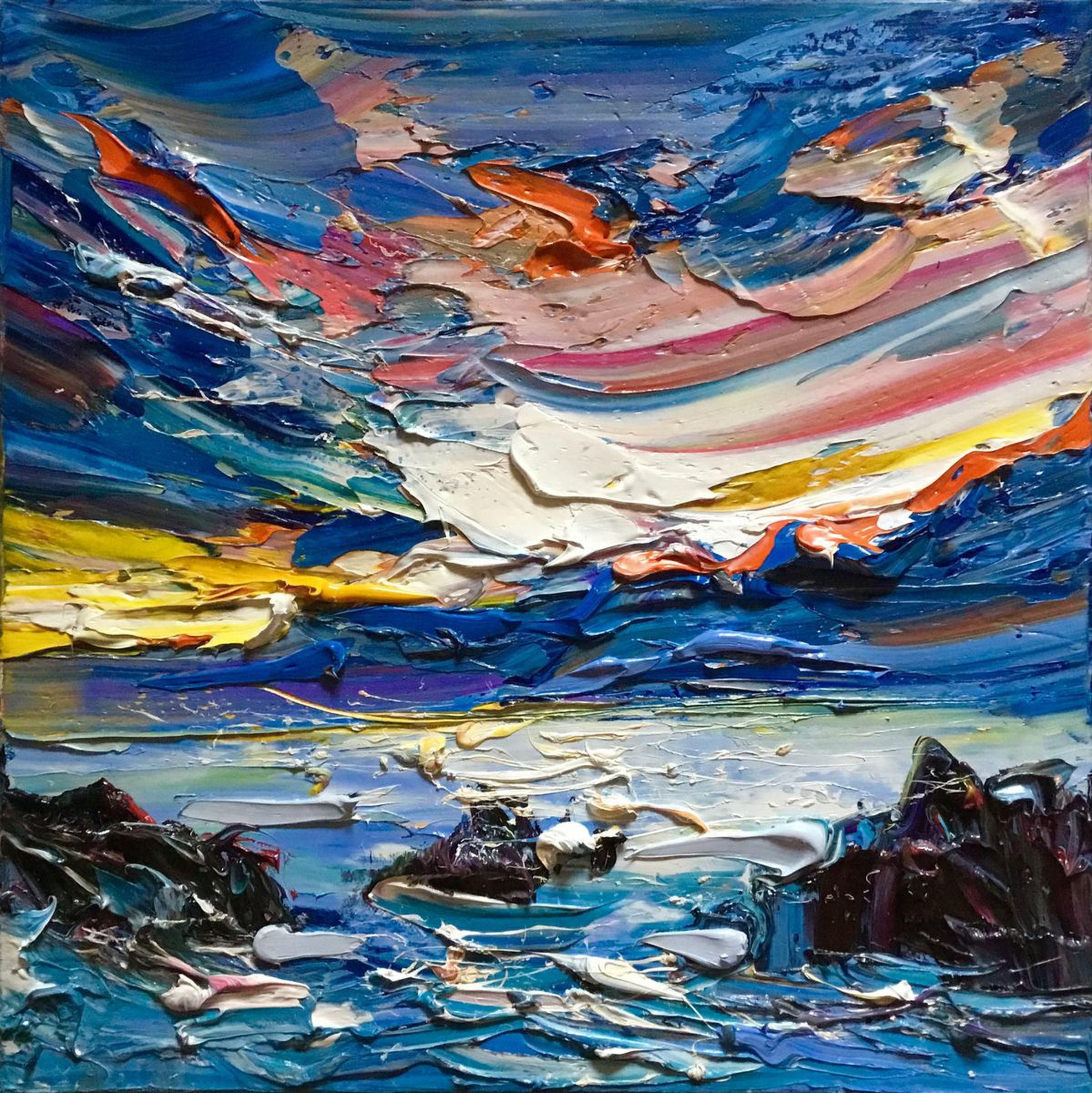 Sunset at the sea, impasto oil painting 40x40 cm | Artfinder