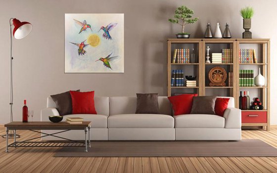 35.4" ”Shining Sun and Hummingbirds” Large Painting